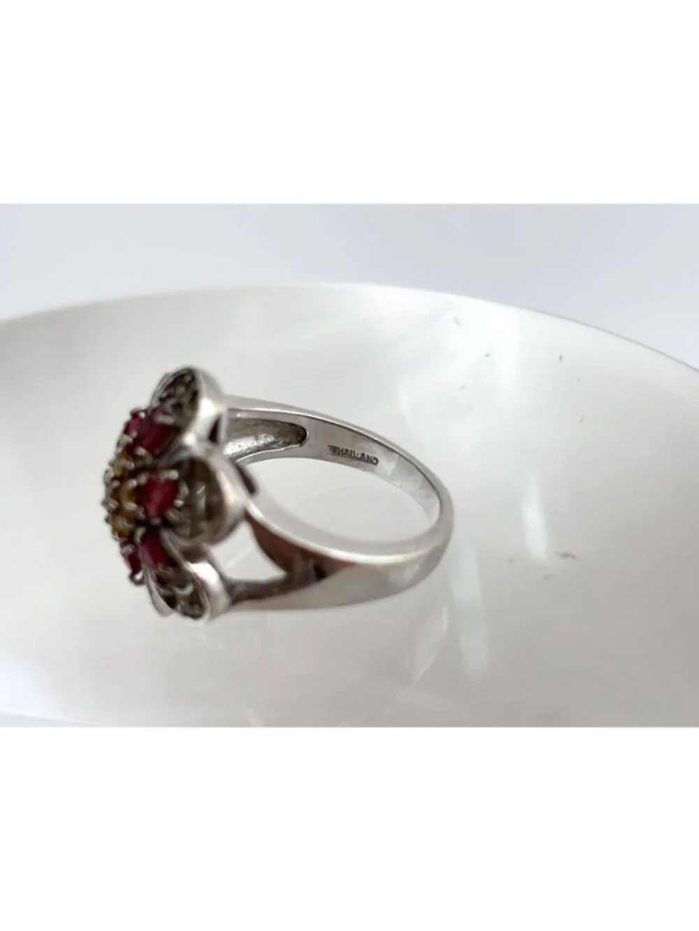 Garnet & Citrine Gemstone Floral Sterling Silver 925 Vintage Ring - sz 9.25